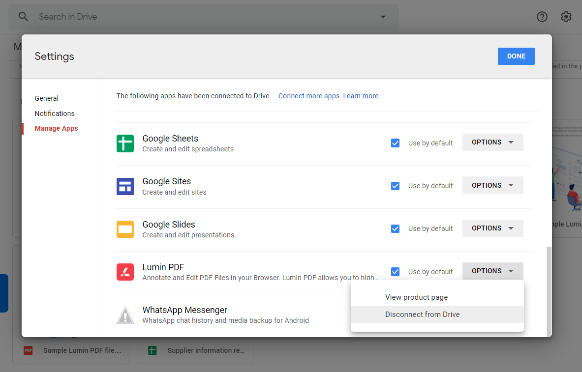 How do I disconnect the Lumin PDF app from Google Drive?