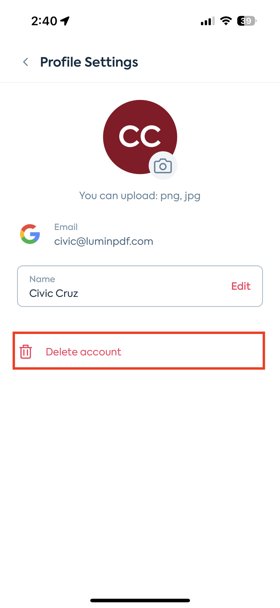 How do I delete my Lumin account from the mobile app?