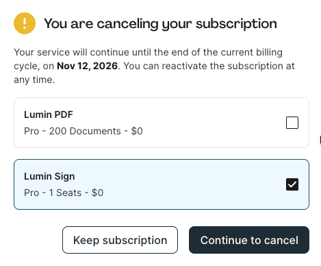 Lumin Sign - Continue to cancel