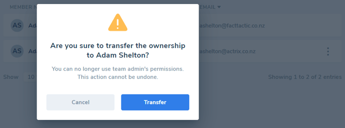How do I transfer ownership of a Team?