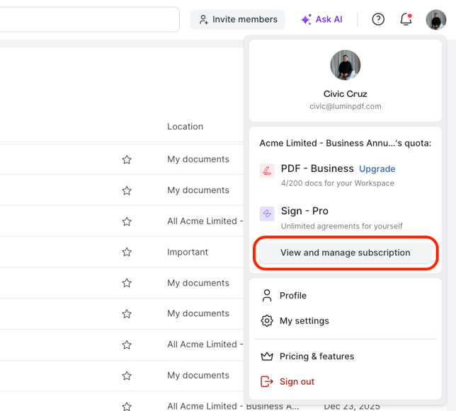 View and manage subscription